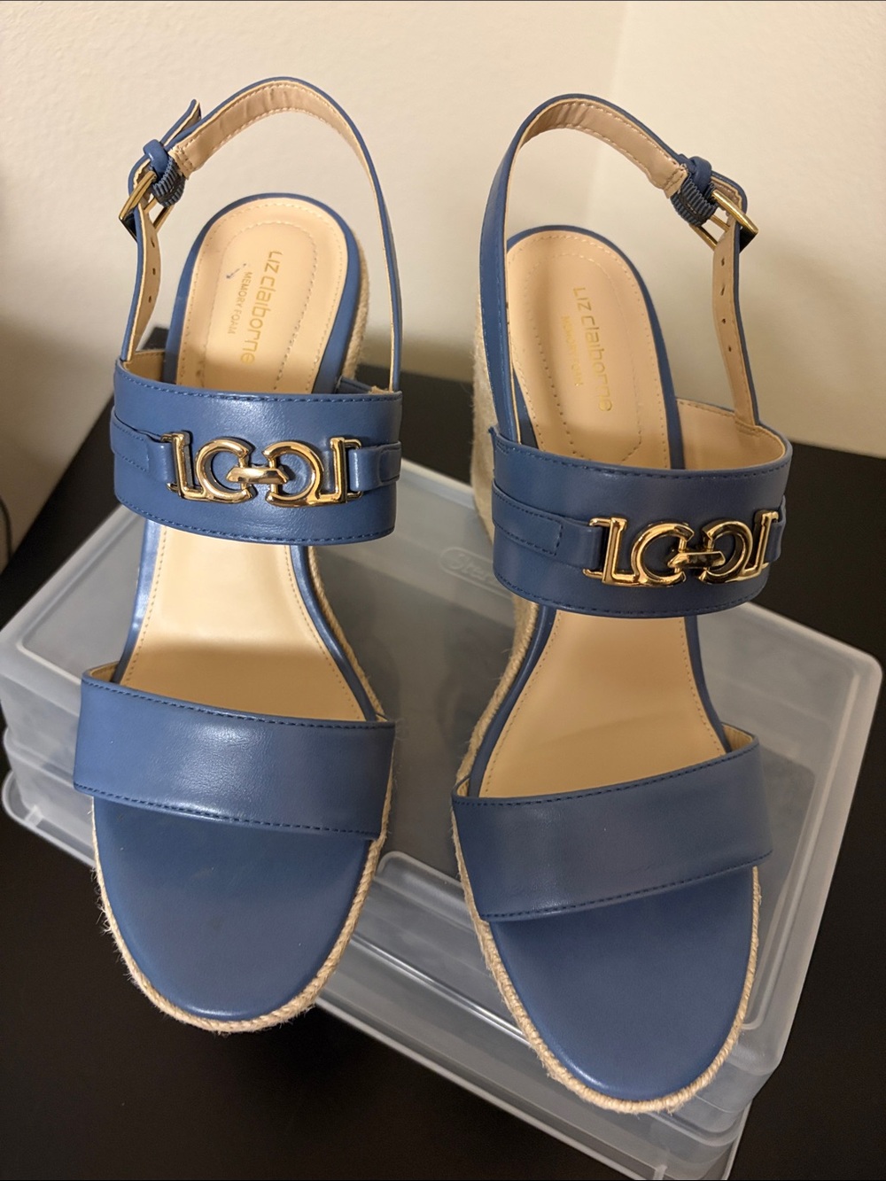 Liz Claiborne Periwinkle Blue Leather Slingback Wedge Sandals with Gold Accent